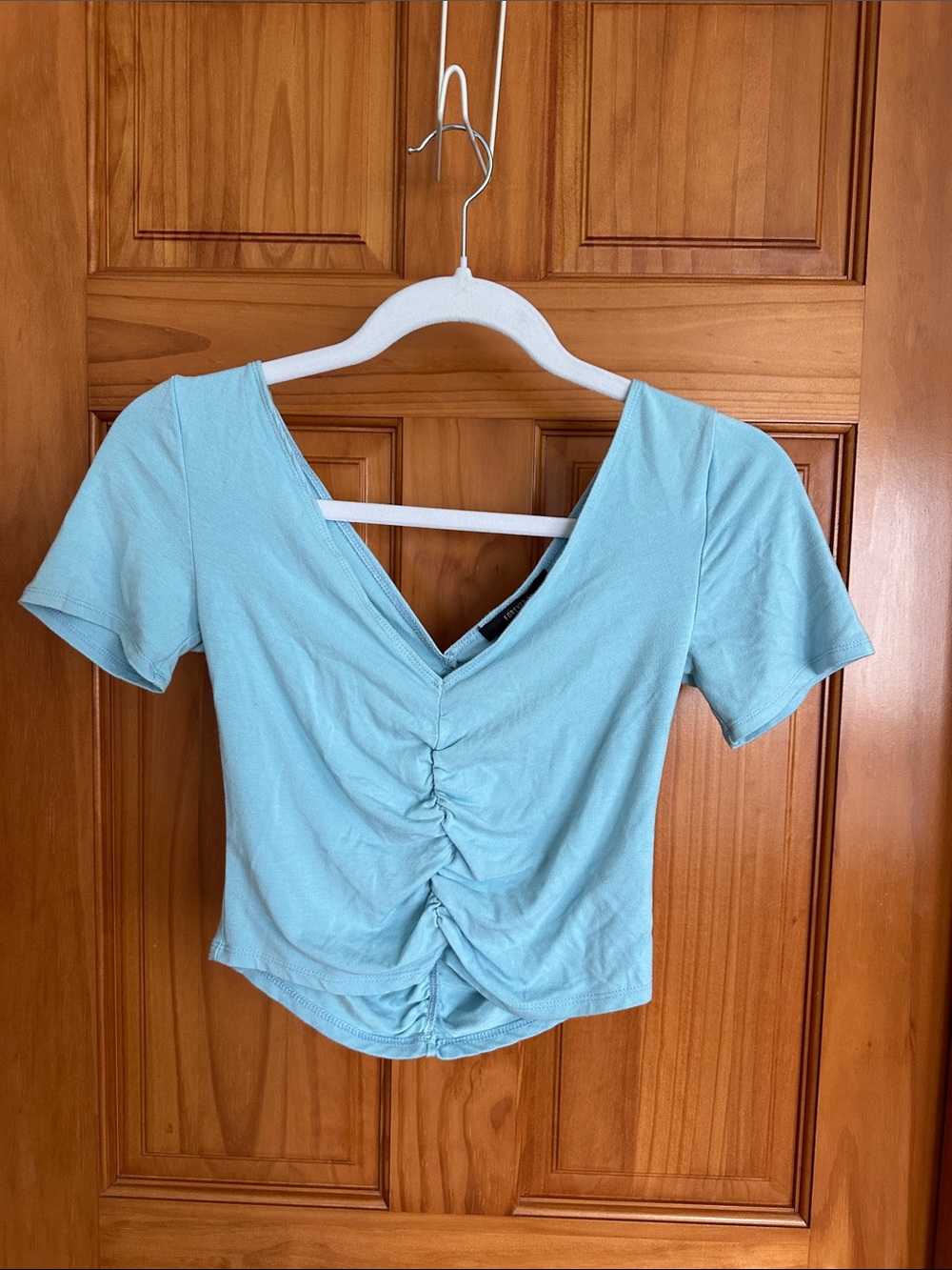 Forever 21 Light Blue Ruched V-Neck Crop Top